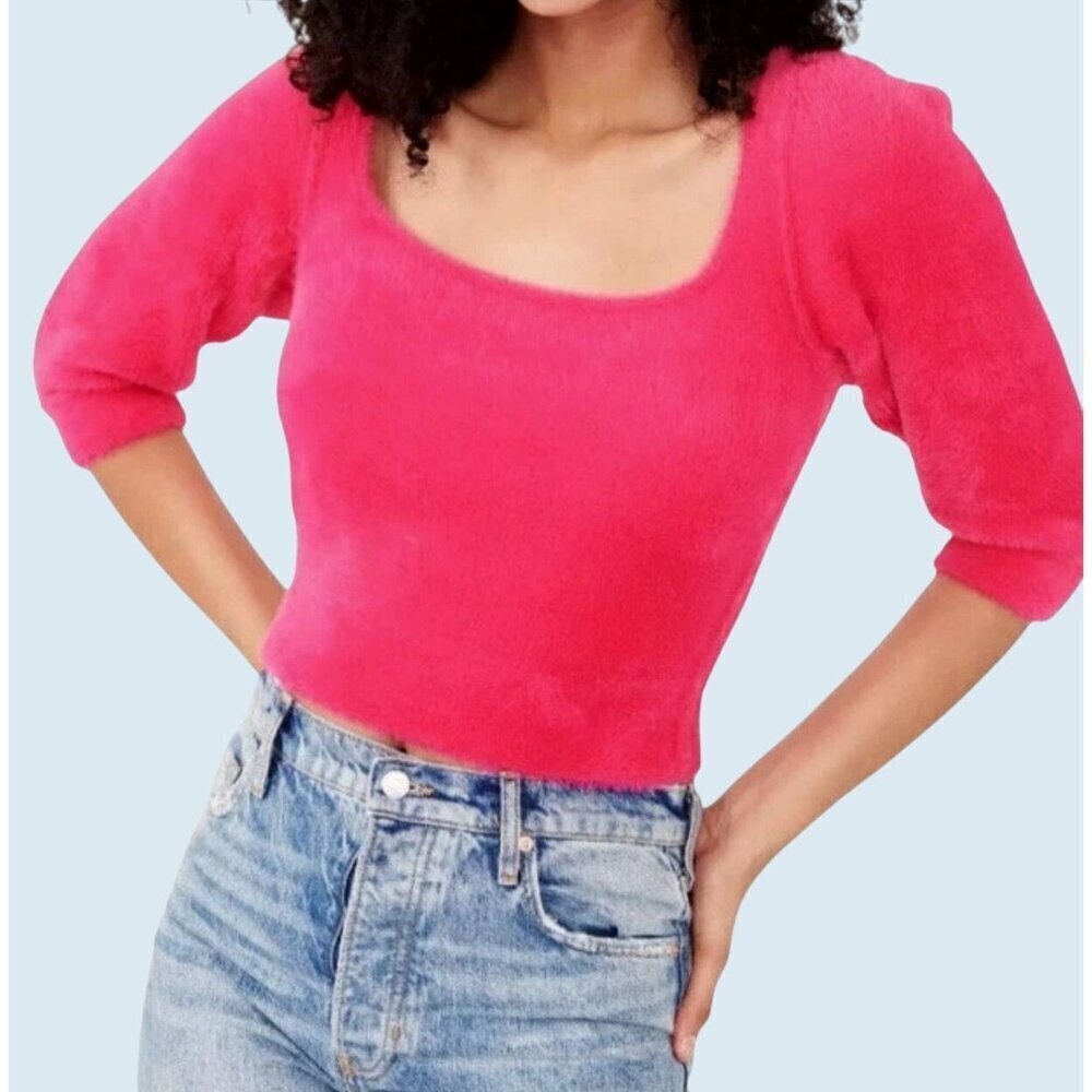 FREE PEOPLE Moonbeam Cropped Fuzzy Pullover 3/4 Sleeve Sweater Sz